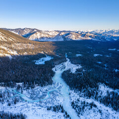 Aerial view of Multa river valley in winter. Altai Republic, Russia.