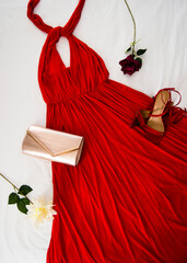 red evening dress and high heels