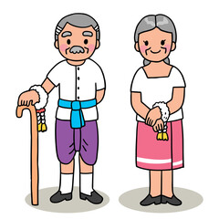 Cartoon cute Songkran festival Thailand, Grandfather and grandmother Thai style vector.