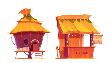 Tiki hut bar, hawaii beach wooden construction with hay roof and bamboo menu, tropical cabin on piles for selling drinks or snacks, summer party shacks, Cartoon vector illustration, icons, clip art