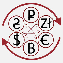 Different currencies signs.  Banking, international trade, money exchange, financial system concept.  Vector illustration 