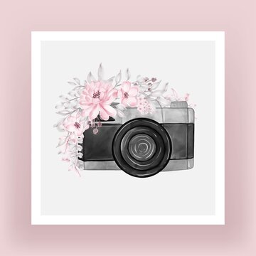 Camera with watercolor flowers light pink illustration