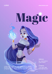 Magic show poster with mystic girl hold blue fire on hand. Vector flyer with cartoon illustration of fairytale wizard or genie woman with long hair and gold jewelry. Banner of magical performance