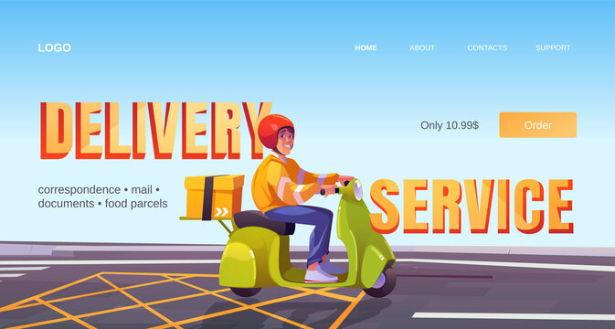 Delivery service cartoon landing page, man on scooter deliver box. Correspondence, mail, documents, food, parcels express shipping, order transportation to customers, company ad, Vector web banner