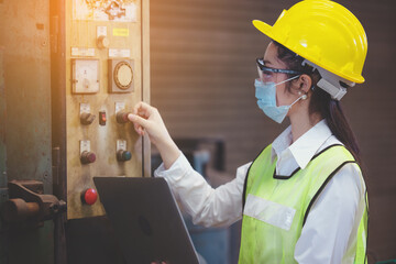 Industrial factory maintenance engineers woman inspect relay protection system of machinery and...