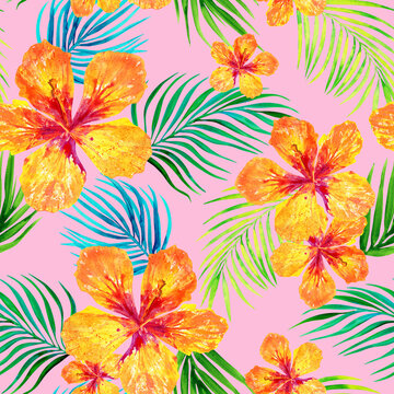 Tropical floral seamless pattern with watercolor hibiscus flowers and palm branches on pink background. 