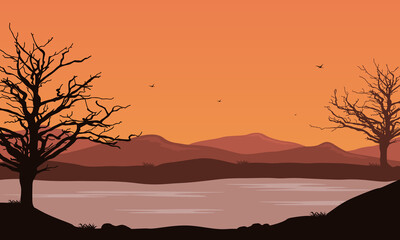 Stunning mountain views and tree silhouettes from the riverbank in the evening. Vector illustration