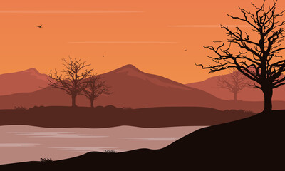 Beautiful natural scenery at dusk from the riverbank. Vector illustration