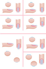 Hand nail care. The technique of applying the base layer of manicure, mistakes. Illustration for the manicure guide. Vector illustration