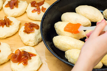 The process of making pies with filling Pie is a dish of Russian and European cuisine made from filled dough.