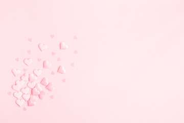 Valentine's Day background. Pink hearts on pastel pink background. Valentines day concept. Flat...