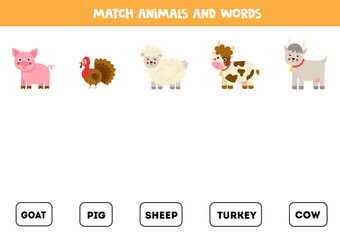 Matching farm animals and the words. Educational game for kids.