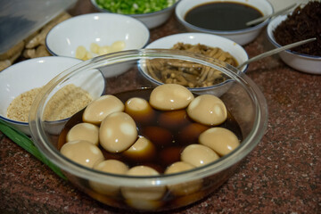 Bowl of Medium-Boiled Eggs, marinated in a Japanese sauce containing Soy and Mirin