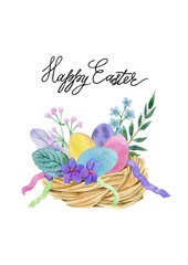 Easter decoration with violet flowers, green leaves, easter eggs. branches, happy easter tile. Watercolor painting. hand drawn arrangement can be used as print, postcard, invitation, greeting card.