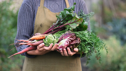 Woman holding organic vegetables.