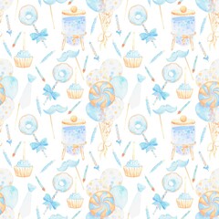 Pattern with birthday party attributes balloons, candles, cake pops, false tie and moustache in blue color for boys