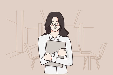 Office worker, businesswoman, career concept. Young smiling pretty woman cartoon character standing holding laptop in hands over office meeting room at background illustration 