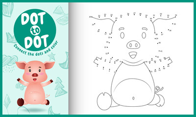 Connect the dots kids game and coloring page with a cute pig character illustration