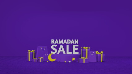 Minimal gift box ramadan sale  design on purple background. Blank space islamic banner. 3D rendering illustration