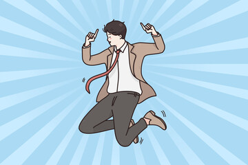 Success, leadership, business development concept. Young smiling businessman in suit cartoon character jumping feeling happy with achievements and success at work vector illustration 