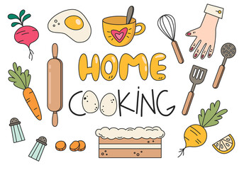 Vector stock logo for cafe. Home cooking, at home, eggs, hobbies, fried eggs, beetroot, salt shake, whisk, lemon, cup, cake, turnip, hand, rolling pin, carrot. Healthy food. Homemade