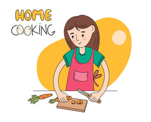 Mascot for cafe. Home cooking, at home, girl preparing dinner, carrot, vegetables, hobbies, self-isolation, vegetarian, pleasant pastime. Flat illustration with woman and food. Healthy food. Homemade