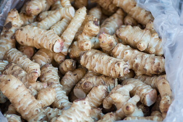 Close up view of the Jerusalem artichoke (Helianthus tuberosus), also called sunroot, sunchoke, or earth apple, a species of sunflower native to central North America, presented for sale at the market