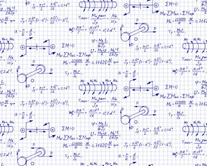 Naklejka na ściany i meble Rotation. Mathematical formulas, physical equations and outlines on notebook page. Vector hand-drawn seamless pattern. Retro scientific and educational background.