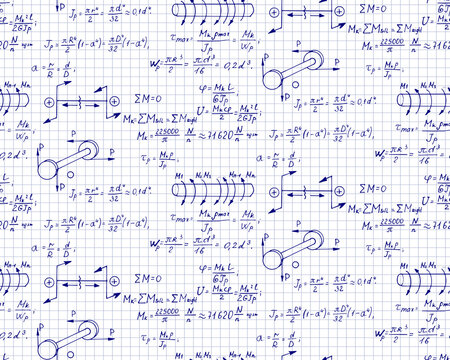 Rotation. Mathematical formulas, physical equations and outlines on notebook page. Vector hand-drawn seamless pattern. Retro scientific and educational background.