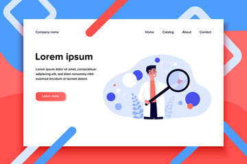 Scientist in lab coat checking algorithm flat vector illustration. Cartoon character with magnifier researching artificial neurons. Science, technology and neuroscience concept