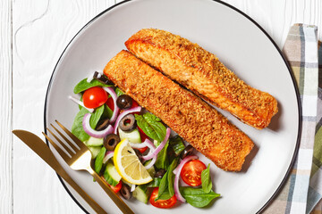 Panko crusted baked salmon fillets, veggies salad