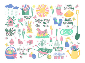 Spring set of elements with lettering. Easter, spring, garden. Vector illustration.