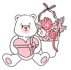 Naklejka premium プレゼントを抱いたクマとお花