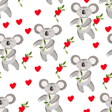 Seamless pattern with cute koala baby and hearts on white background. Funny australian animals. Card, postcards for kids. Flat vector illustration for fabric, textile, wallpaper, poster, paper.