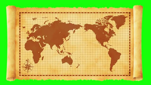 Old vintage world map opening animation movie (4K, MP4). Green background for transparent use.