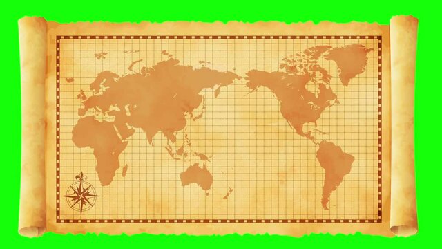Old vintage world map opening animation movie (4K, MP4). Green background for transparent use.
