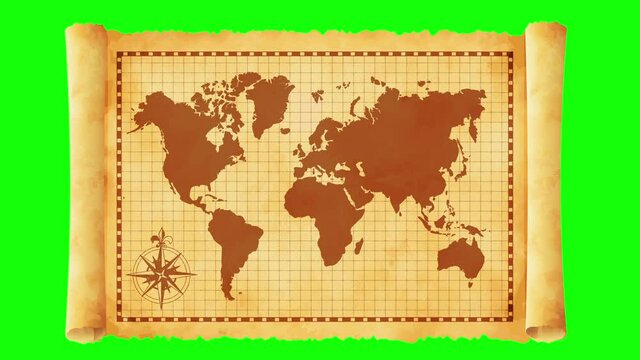 Old vintage world map opening animation movie (4K, MP4). Green background for transparent use.