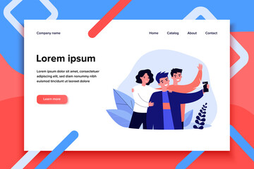 Selfie with friends flat vector illustration. Cartoon happy people smiling and taking group portrait photo. Friendship and technology concept