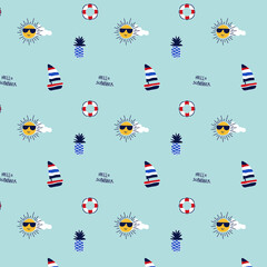 Summer seamless pattern with sun, pine apple, boat, surfboards, palm trees and shells. Cute sea background. Perfect for fabric, textile and wrapping paper. Vector illustration

