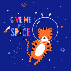 Cute baby astronauts tiger in space illustration vector.baby tiger in space. Fashion kids print