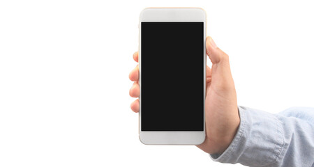 Hand holding smartphone device touching screen