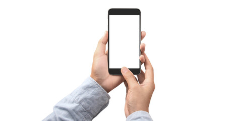 Hand holding smartphone device touching screen