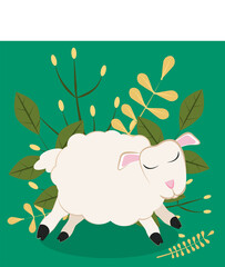 white sheep with closed eyes 
 and leaves on the background, an illustration on the theme of animals on a farm and for a Muslim holiday called eid al-Adha