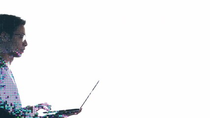 Double exposure silhouette. Innovative technology. Neural network. Colorful liquid crystal glitch motion in profile shape of Asian business man with laptop isolated on white copy space background. - Powered by Adobe