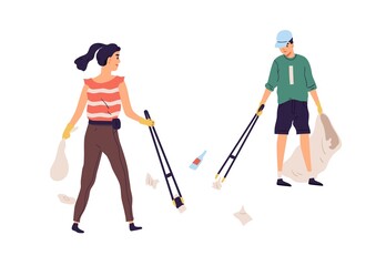 Eco-volunteers collecting trash and litter with garbage collection tongs. Young people cleaning street and throwing rubbish into bag. Colored flat vector illustration isolated on white background.