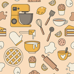 Seamless pattern with dough, rolling pin, mixer, lemon, mugs, cutlery, bakery products. Kitchen background. Vector stock illustration. Wallpaper for kitchen, ornament for a bakery. Restaurant textiles