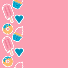 Cakes and sweets decorative icons set with donut, cupcake, ice cream.  isolated vector illustration for bakery and candy shop. Vector stock flat seamless pattern. Sweets sugar free, natural products 