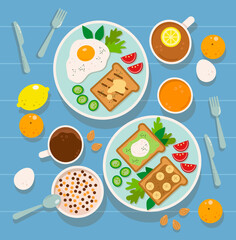 Concept vector breakfast with food and drinks. Tasty hotel breakfast with coffee, tea with lemon, orange juice, poached eggs, fried eggs, vegetables and fruit on a background of checkered fabric.