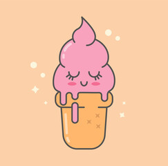 kawaii icon with shy pink ice cream. Logo of healthy ice cream without sugar from natural products, the concept is healthy and tasty. Vector stock flat illustration