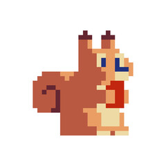 Squirrel pixel art cartoon character. Video game sprite. Stickers and embroidery design. 80s style. Isolated vector illustration. 